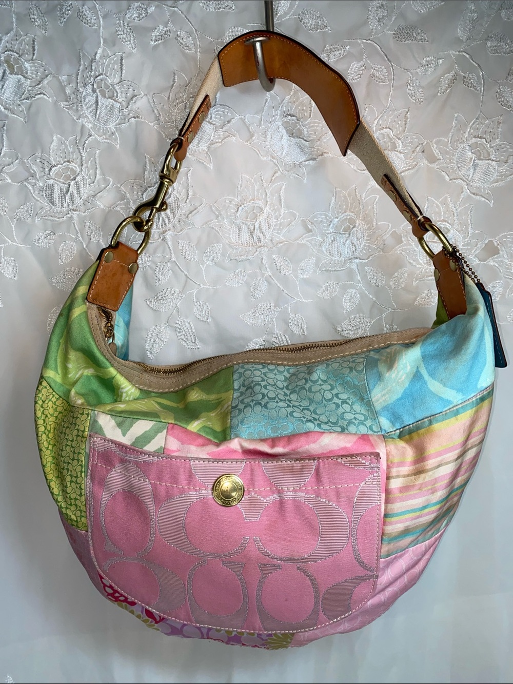Vintage Coach Patchwork Hobo Bag Pastel Signature Shoulder Bag Y2K